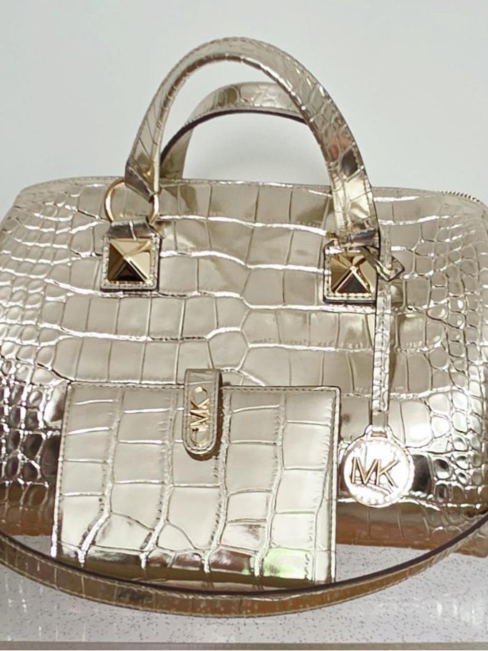 Michael Kors Gold Croc-Embossed Satchel with MK Charm and matching wallet